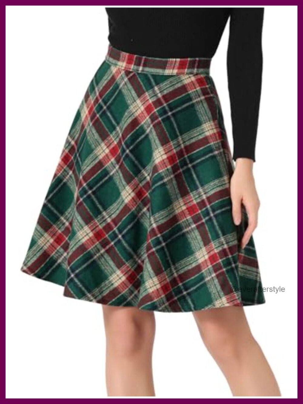 Plaid A-Line Short Vintage Tartan Elastic Waist Knee Length Skirt Fully Lined